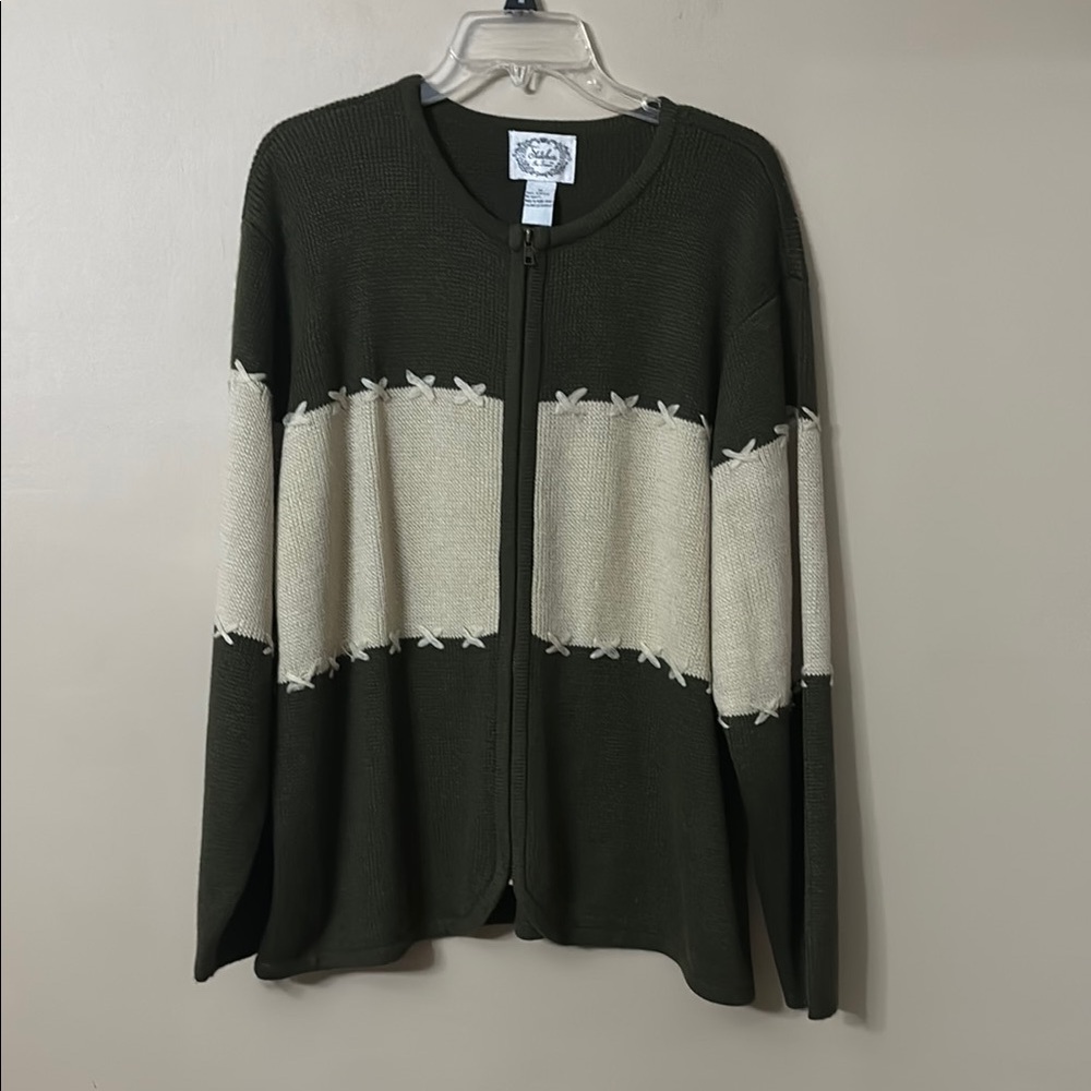 Vintage Stitches in Time Olive Green and Cream Cardigan Size 1X